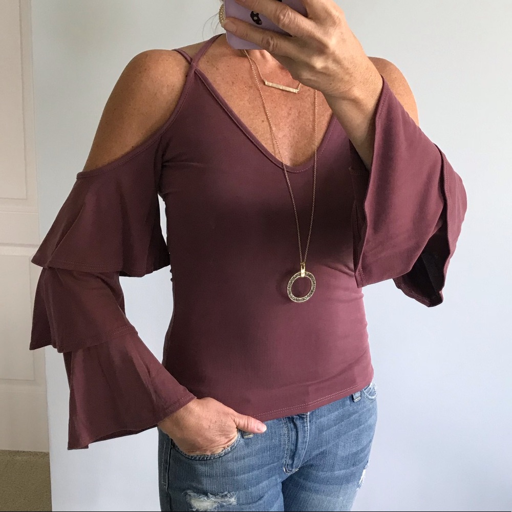 Plum Color Ruffle Bell Sleeve Top - Picture 3 of 8